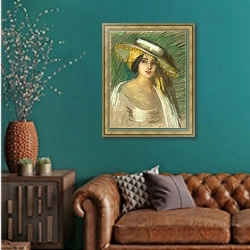 «Spanish Fantasy III» в интерьере гостиной с зеленой стеной над диваном