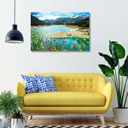 «Весенние цветы на горном озере» в интерьере современной гостиной с желтым диваном