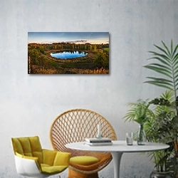 «Беларусь. Закат в парке Браславские озёра » в интерьере современной гостиной с желтым креслом