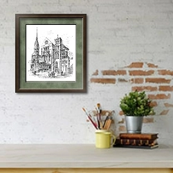 «Notre-Dame-en-Vaux church, Chalons-en-Champagne, France vintage engraving» в интерьере кабинета с кирпичными стенами над письменным столом