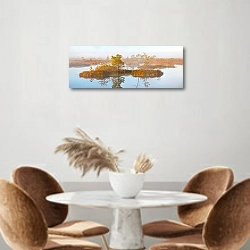 «Беларусь. Туманное утро под Ельней» в интерьере кухни над кофейным столиком