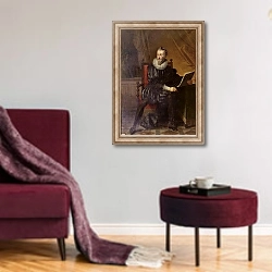 «Portrait of Francois de Malherbe 1822» в интерьере гостиной в бордовых тонах