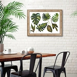 «Набор акварельных тропических листьев 1» в интерьере столовой в скандинавском стиле с кирпичной стеной