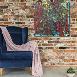 «Красно-голубая абстракция» в интерьере в стиле лофт с кирпичной стеной и синим креслом
