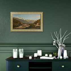 «Вид На Гору Караугом, Кавказ» в интерьере прихожей в зеленых тонах над комодом