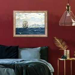 «Tall Ship Off Crete» в интерьере спальни с акцентной стеной