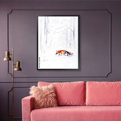 «Красная лиса беж в белом лесу» в интерьере гостиной с розовым диваном