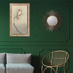«Japanese waxwing on branch» в интерьере классической гостиной с зеленой стеной над диваном