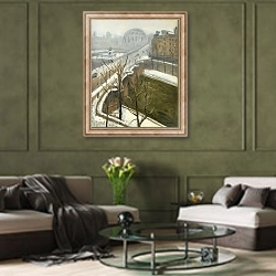 «Paris, Pont Neuf, Fin De La Neige» в интерьере гостиной в оливковых тонах