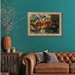 «Bunch of Tulips and a Screen; Bouquet de Tulipes au Paravent, 1» в интерьере гостиной с зеленой стеной над диваном