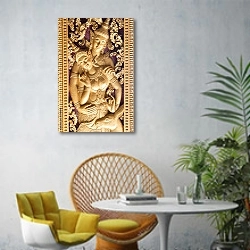 «Религиозная резьба по дереву, Луанг-Прабанг 2» в интерьере современной гостиной с желтым креслом