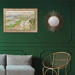 «Le Cirque des Céteaux, the Seine viewed from the heights of Chantemerle, 1881» в интерьере классической гостиной с зеленой стеной над диваном
