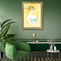 «Young girl in a blue corset» в интерьере гостиной в зеленых тонах
