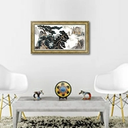 «mountains clouds and centuries-old pine» в интерьере гостиной в этническом стиле над столом