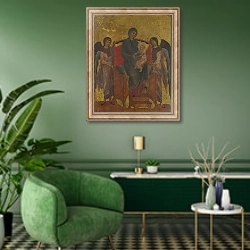 «Дева Мария с ребенком, окруженная двумя ангелами» в интерьере гостиной в зеленых тонах