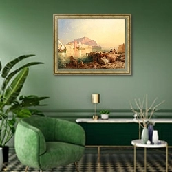 «Залив Палермо» в интерьере гостиной в зеленых тонах