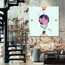 «Современная геометрическая абстракция 32» в интерьере двухярусной гостиной в стиле лофт с кирпичной стеной