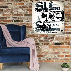 «Успех, надпись в стиле гранж» в интерьере в стиле лофт с кирпичной стеной и синим креслом