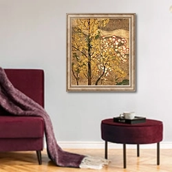 «Autumn Tree 2» в интерьере гостиной в бордовых тонах