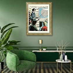 «Школа» в интерьере гостиной в зеленых тонах