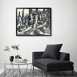 «Еловый лес» в интерьере в стиле минимализм над креслом