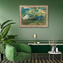 «Landschaft mit liegendem Wanderer» в интерьере гостиной в зеленых тонах