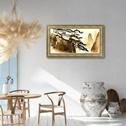 «mountains clouds and centuries-old pine» в интерьере столовой в этническом стиле