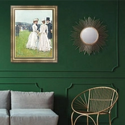«Au Grand Prix de Paris» в интерьере классической гостиной с зеленой стеной над диваном