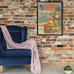 «Канны зимой. P. L. M железные дороги, быстрое сообщение между Парижем и Каннами» в интерьере в стиле лофт с кирпичной стеной и синим креслом