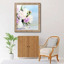 «Розовые и белые цветы пионов в белой вазе, правая часть» в интерьере в классическом стиле над комодом