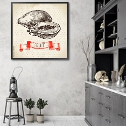 «Иллюстрация с папайей» в интерьере современной кухни в серых тонах