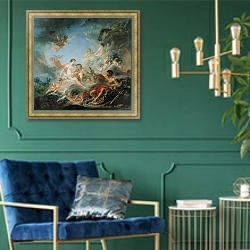 «The Forge of Vulcan, or Vulcan presenting arms for Aeneas to Venus, tapestry cartoon, 1757» в интерьере в классическом стиле с зеленой стеной