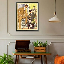 «Реклама одежды Hart, Schaffner Marx» в интерьере комнаты в стиле ретро с проигрывателем виниловых пластинок