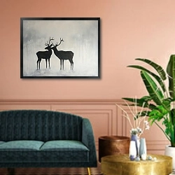 «Tranquil twilight: deer duo delight» в интерьере классической гостиной над диваном