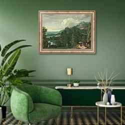 «Пейзаж и  добрый самаритянин» в интерьере гостиной в зеленых тонах