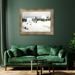 «Снег выпал. 1897» в интерьере зеленой гостиной над диваном