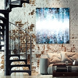 «Абстрактный городской геометрический фон» в интерьере двухярусной гостиной в стиле лофт с кирпичной стеной
