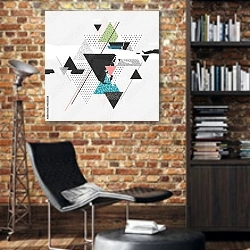 «Абстракция с геометрическими элементами» в интерьере кабинета в стиле лофт с кирпичными стенами