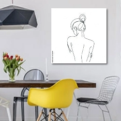 «Силуэт женщины со спины» в интерьере столовой в скандинавском стиле с яркими деталями