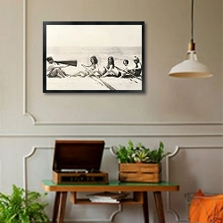 «Летние мелодии на берегу» в интерьере комнаты в стиле ретро с проигрывателем виниловых пластинок