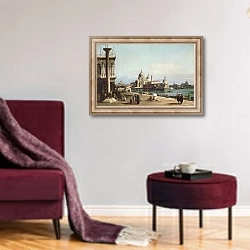 «The Piazzetta Venice, looking towards the Dogana and Santa Maria della Salute» в интерьере гостиной в бордовых тонах