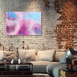 «Розово-голубая акварельная абстракция 1» в интерьере гостиной в стиле лофт с кирпичной стеной