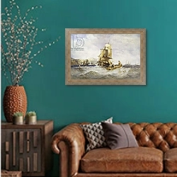 «Shipping Off Scarborough, 1848» в интерьере гостиной с зеленой стеной над диваном