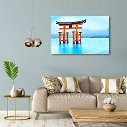 «Япония, Ицукусима. Врата Тории 3» в интерьере современной гостиной с голубыми стенами