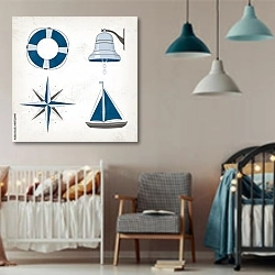 «Морские элементы: лодка, колокольчик, спасательный круг, компас» в интерьере детской комнаты для мальчика