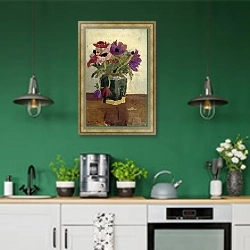 «Ginger Pot wit Anemones» в интерьере кухни с зелеными стенами