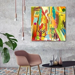 «Абстрактный фон с брызгами краски» в интерьере в стиле лофт с бетонной стеной