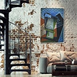 «Abstraction» в интерьере двухярусной гостиной в стиле лофт с кирпичной стеной