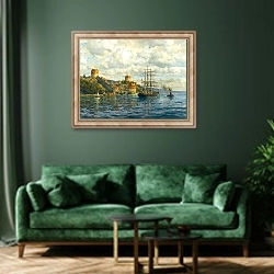 «View Of The Bosphorus With Rumelihisari» в интерьере зеленой гостиной над диваном