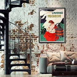 «Laveuse Mignon» в интерьере двухярусной гостиной в стиле лофт с кирпичной стеной